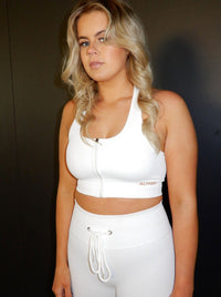 The Ribbed Full Zip Sports Bra - White