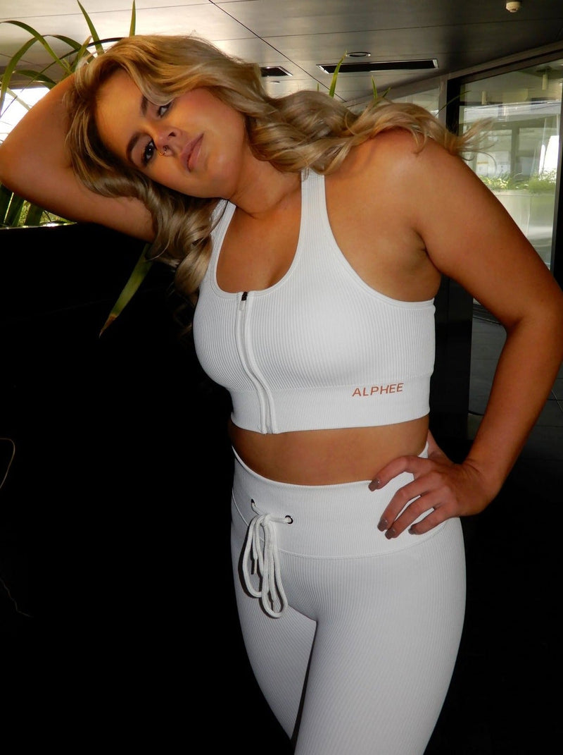 The Ribbed Full Zip Sports Bra - White